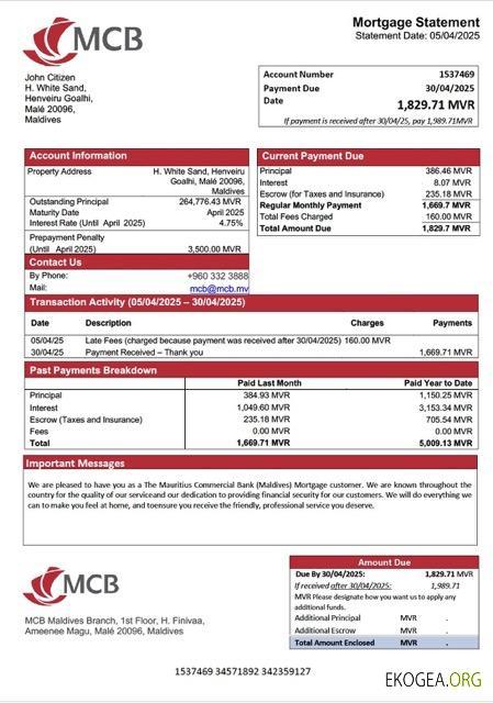Maldives Relevé hypothécaire de la Mauritius Commercial Bank (Maldives) Modèle Word et PDF